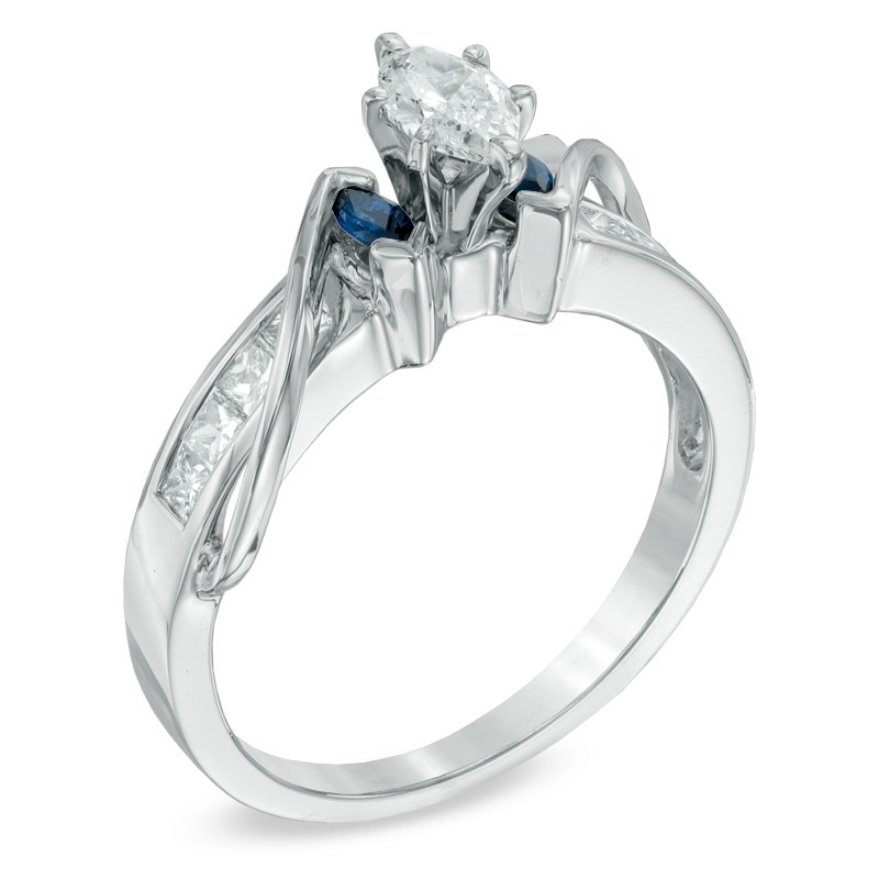 5/8 CT. T.W. Marquise Diamond and Blue Sapphire Three Stone Ring in 14K White Gold