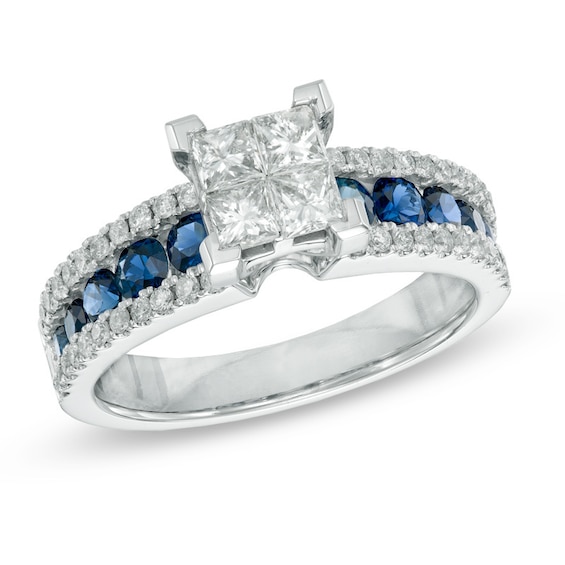 3/4 CT. T.W. Quad Princess-Cut Diamond and Blue Sapphire Ring in 14K ...