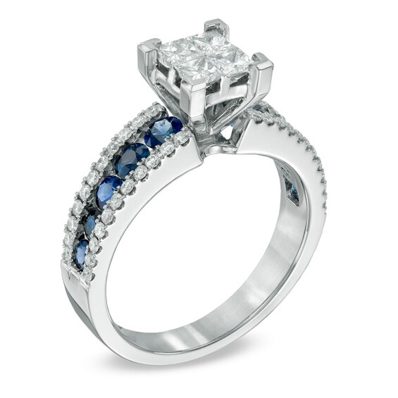 3/4 CT. T.w. Quad Princess-Cut Diamond and Blue Sapphire Ring in 14K White Gold