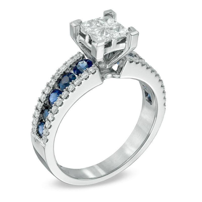 Main Image 2 of 3/4 CT. T.W. Quad Princess-Cut Diamond and Blue Sapphire Ring in 14K White Gold