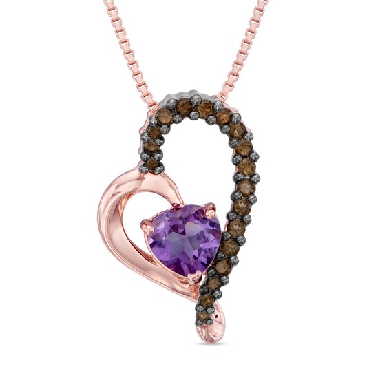 6.0mm Heart-Shaped Amethyst and Smoky Quartz Heart Pendant in Sterling Silver with 18K Rose Gold Plate