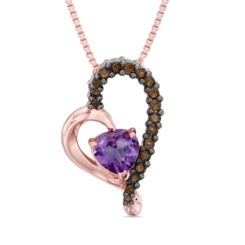 Main Image 1 of 6.0mm Heart-Shaped Amethyst and Smoky Quartz Heart Pendant in Sterling Silver with 18K Rose Gold Plate