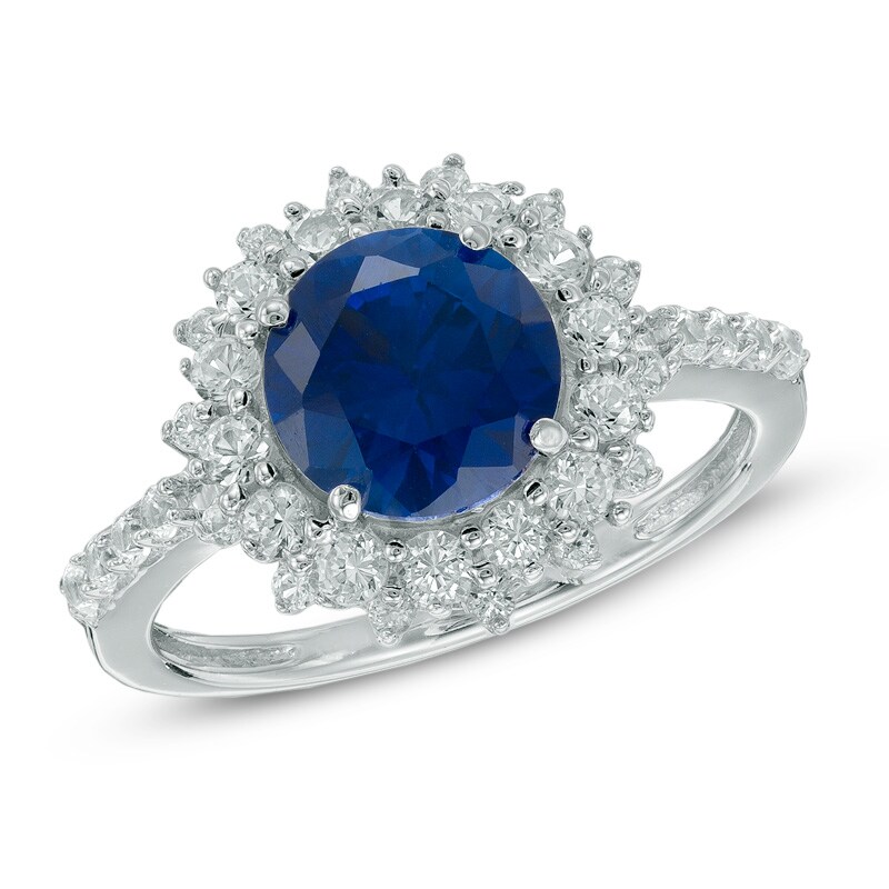Main Image 1 of 8.0mm Lab-Created Blue and White Sapphire Frame Ring in Sterling Silver