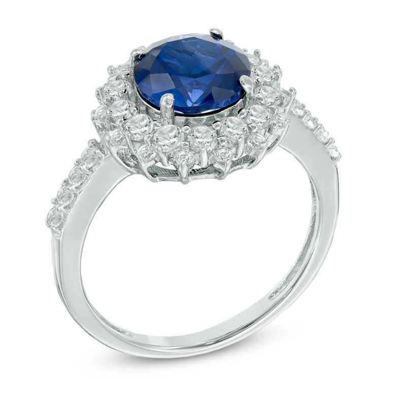 Main Image 2 of 8.0mm Lab-Created Blue and White Sapphire Frame Ring in Sterling Silver