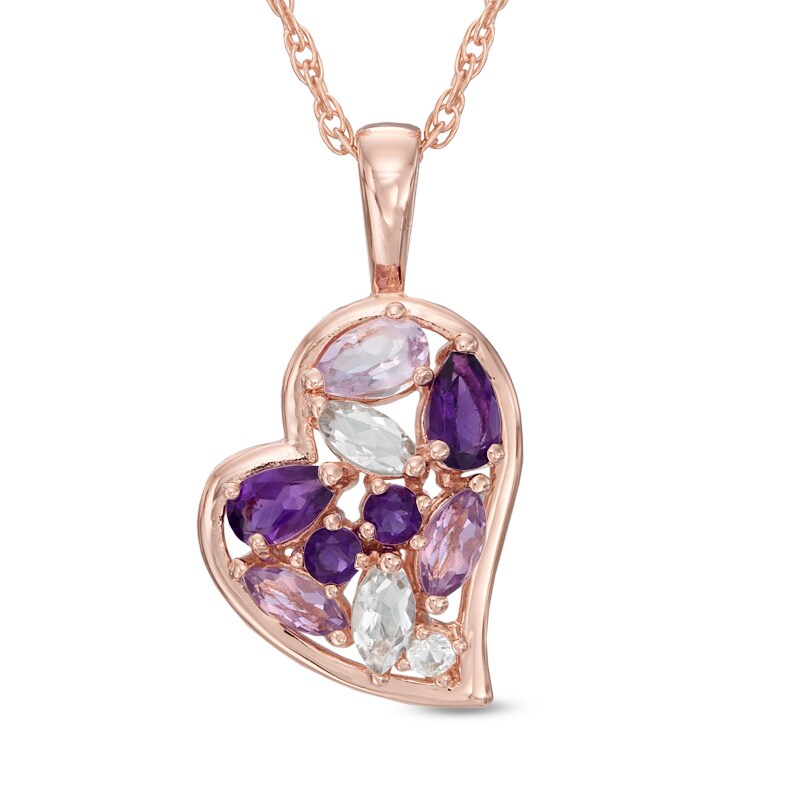 Main Image 1 of Multi-Gemstone and Lab-Created White Sapphire Heart Pendant in Sterling Silver with 14K Rose Gold Plate