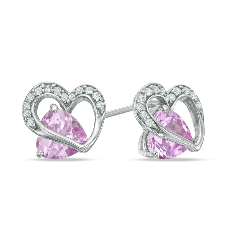 6.0mm Heart-Shaped Lab-Created Pink and White Sapphire Heart Stud Earrings in Sterling Silver