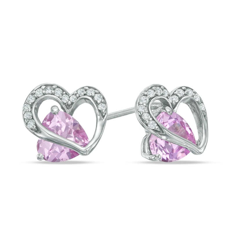 Main Image 1 of 6.0mm Heart-Shaped Lab-Created Pink and White Sapphire Heart Stud Earrings in Sterling Silver