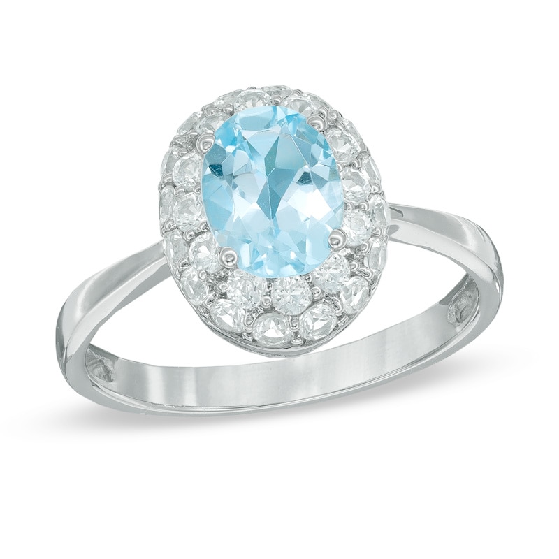 Main Image 1 of Oval Blue Topaz and Lab-Created White Sapphire Frame Ring in 10K White Gold