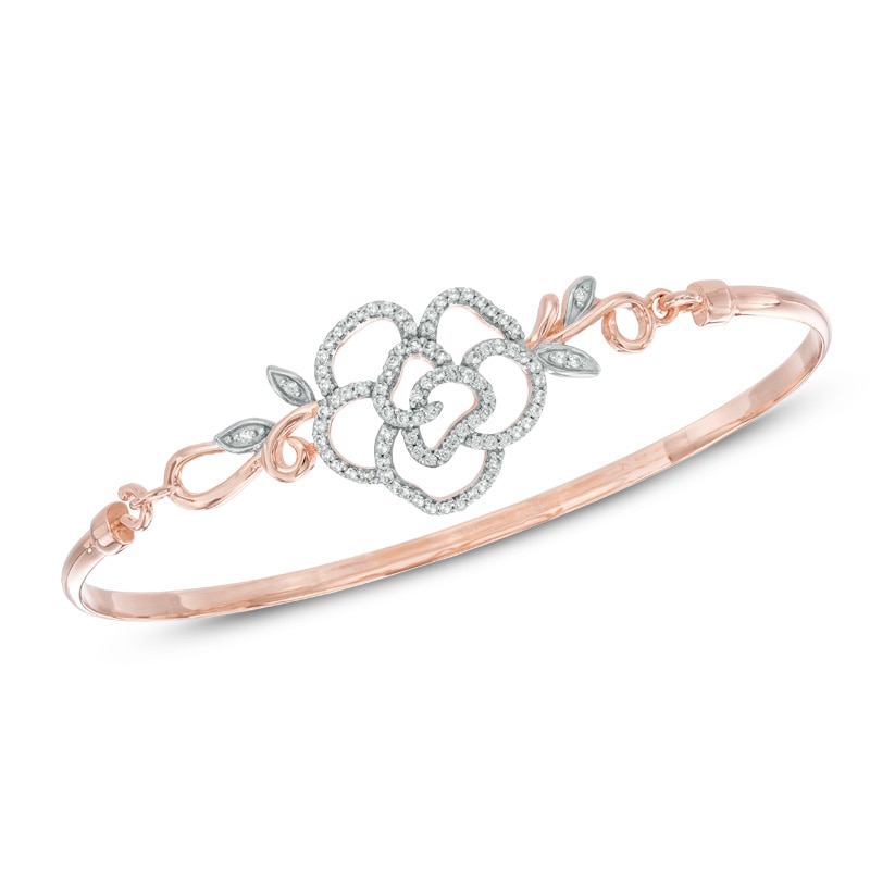 Main Image 1 of Lab-Created White Sapphire Rose Bangle in Sterling Silver with 14K Rose Gold Plate