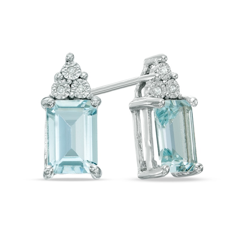 Main Image 1 of Emerald-Cut Aquamarine and Diamond Accent Stud Earrings in 10K White Gold