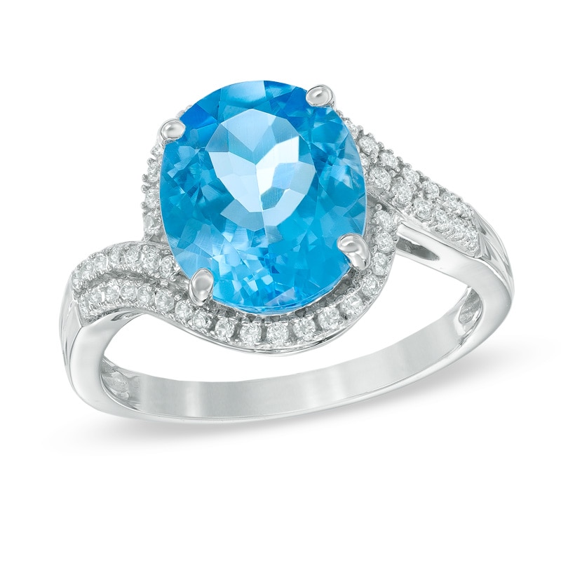Main Image 1 of Oval Swiss Blue Topaz and Lab-Created White Sapphire Frame Ring in 10K White Gold