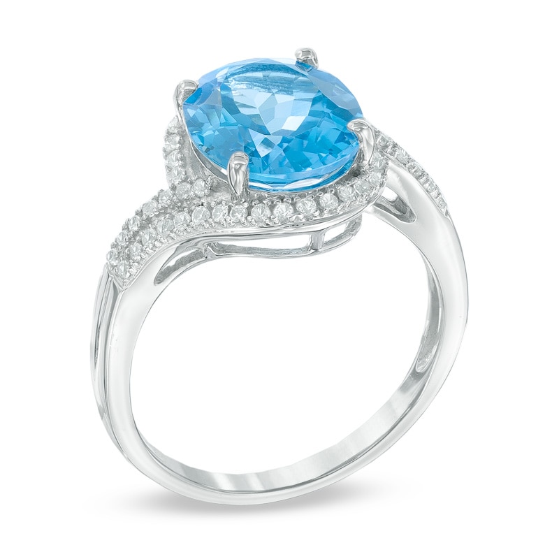 Main Image 2 of Oval Swiss Blue Topaz and Lab-Created White Sapphire Frame Ring in 10K White Gold