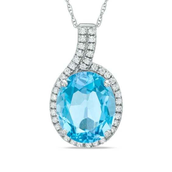 Oval Swiss Blue Topaz and Lab-Created White Sapphire Frame Pendant in 10K White Gold