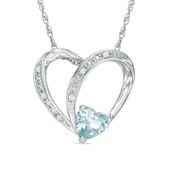 6.0mm Heart-Shaped Aquamarine and Lab-Created White Sapphire Heart Pendant in Sterling Silver