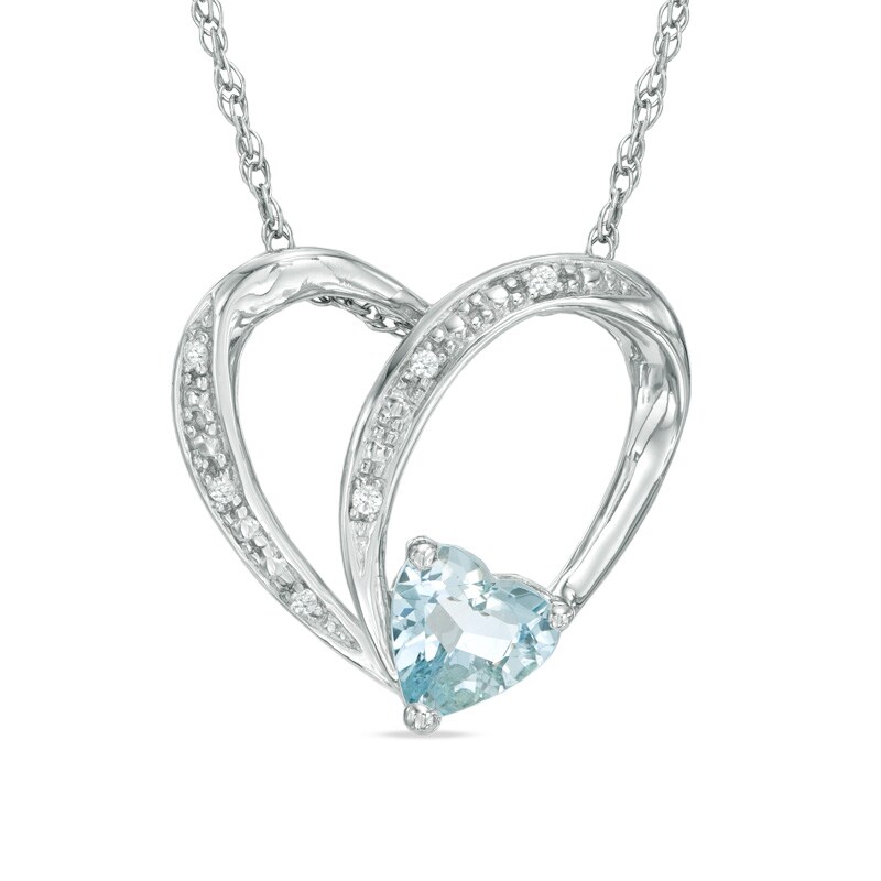 Main Image 1 of 6.0mm Heart-Shaped Aquamarine and Lab-Created White Sapphire Heart Pendant in Sterling Silver
