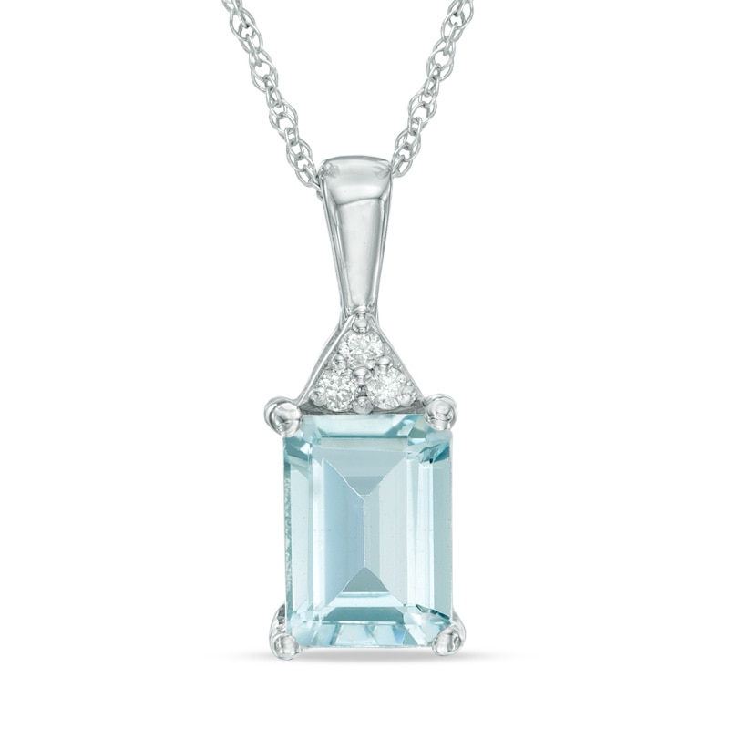 Main Image 1 of Emerald-Cut Aquamarine and Diamond Accent Pendant in 10K White Gold