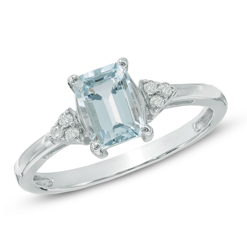 Main Image 1 of Emerald-Cut Aquamarine and Diamond Accent Ring in 10K White Gold