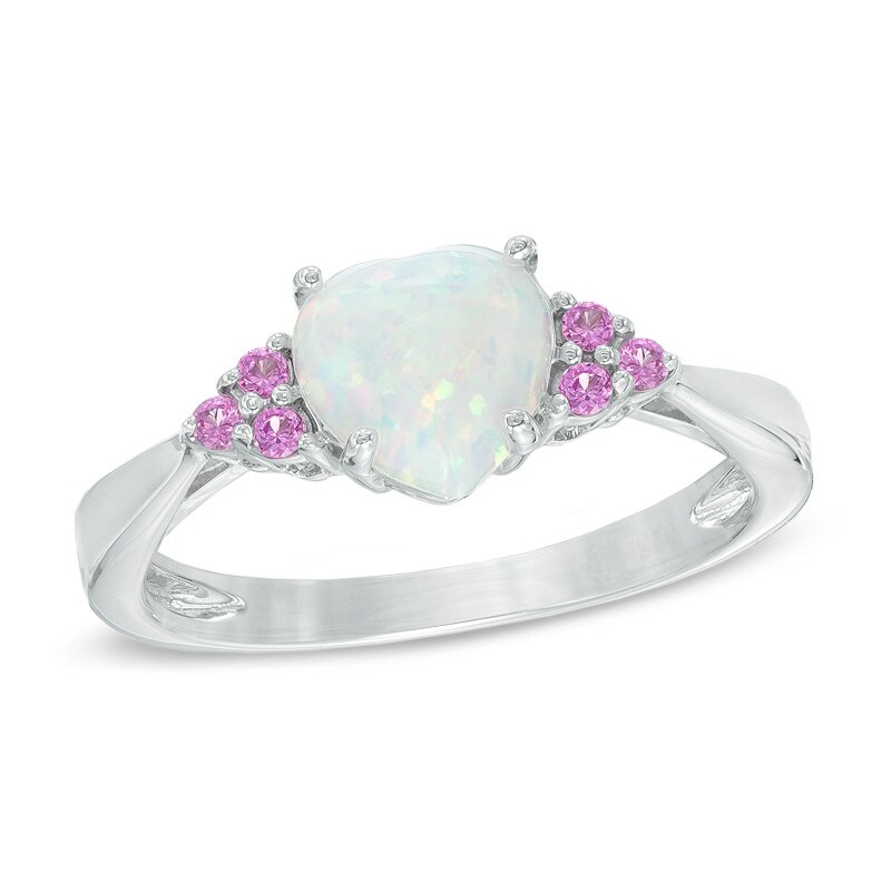 Main Image 1 of 7.0mm Heart-Shaped Lab-Created Opal and Pink Sapphire Ring in Sterling Silver