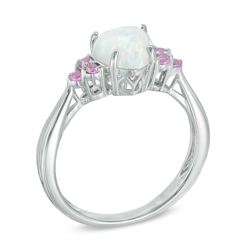 Main Image 2 of 7.0mm Heart-Shaped Lab-Created Opal and Pink Sapphire Ring in Sterling Silver