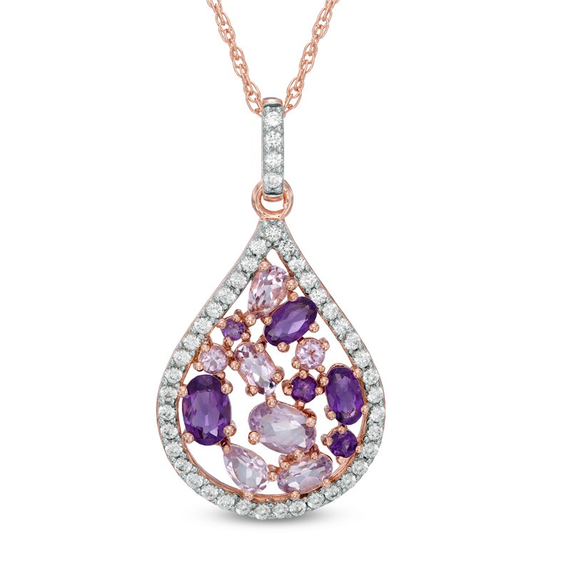 Main Image 1 of Multi-Gemstone and Lab-Created White Sapphire Teardrop Pendant in Sterling Silver with 14K Rose Gold Plate