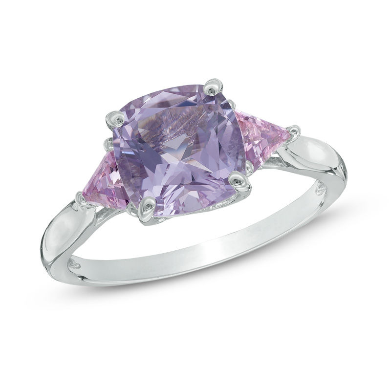 Main Image 1 of 8.0mm Cushion-Cut Rose de France Amethyst and Lab-Created Pink Sapphire Ring in Sterling Silver