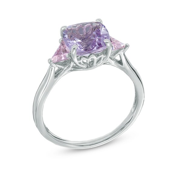 8.0mm Cushion-Cut Rose de France Amethyst and Lab-Created Pink Sapphire Ring in Sterling Silver