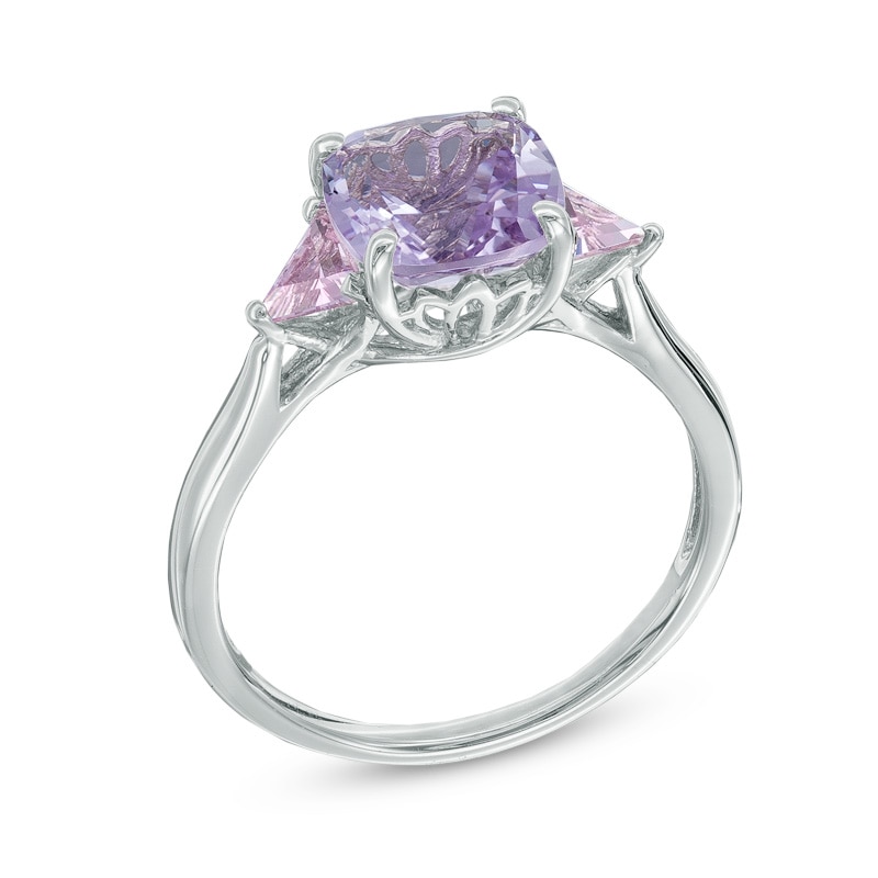 Main Image 2 of 8.0mm Cushion-Cut Rose de France Amethyst and Lab-Created Pink Sapphire Ring in Sterling Silver