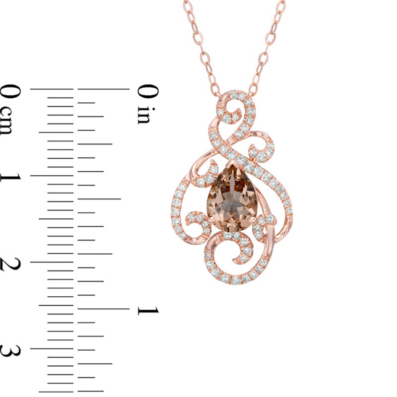 Main Image 2 of Pear-Shaped Morganite and 1/5 CT. T.W. Diamond Scroll Pendant in 10K Rose Gold
