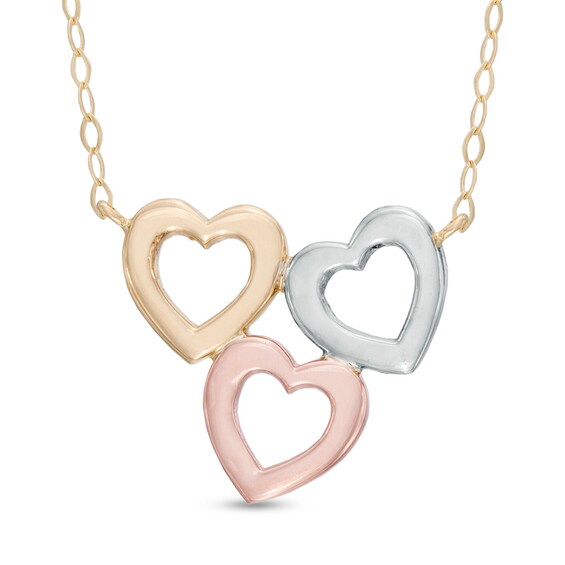 Triple Heart Necklace in 10K Tri-Tone Gold - 17"