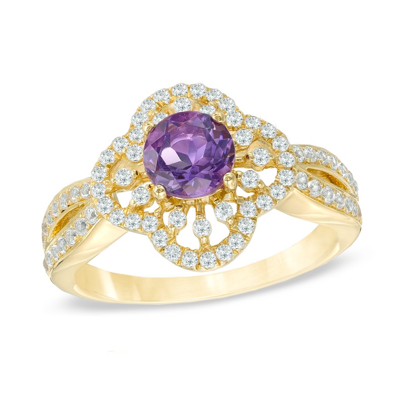 Main Image 1 of 5.5mm Amethyst and Lab-Created White Sapphire Ring in Sterling Silver with 14K Gold Plate