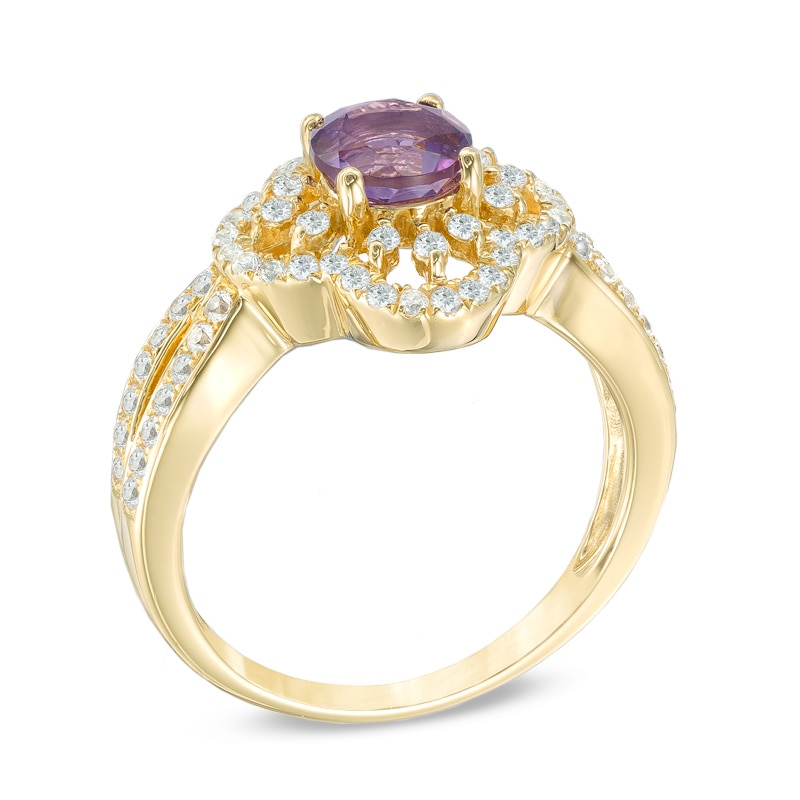 Main Image 2 of 5.5mm Amethyst and Lab-Created White Sapphire Ring in Sterling Silver with 14K Gold Plate