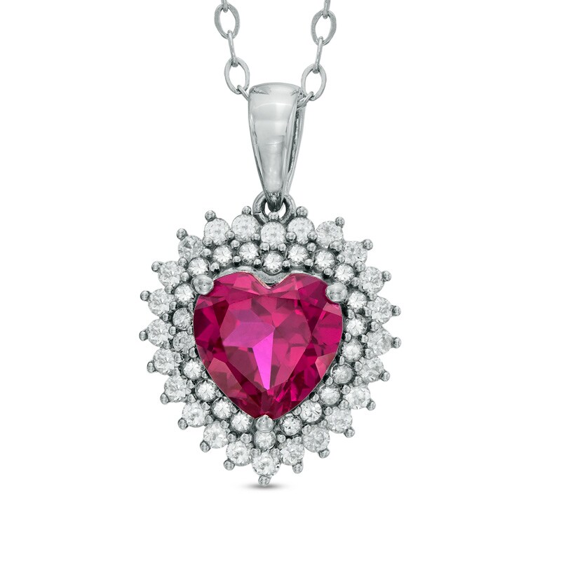 8.0mm Heart-Shaped Lab-Created Ruby and White Sapphire Frame Pendant in Sterling Silver