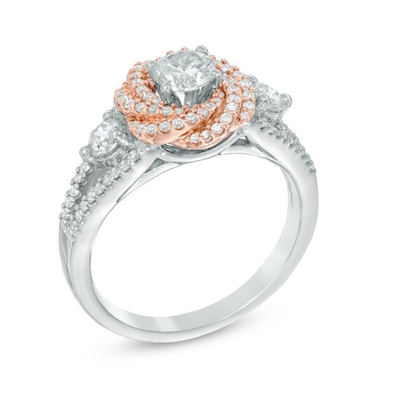 Celebration Ideal 1 CT. T.w. Certified Diamond Orbit Frame Three Stone Engagement Ring in 14K Two-Tone Gold (J/I1)
