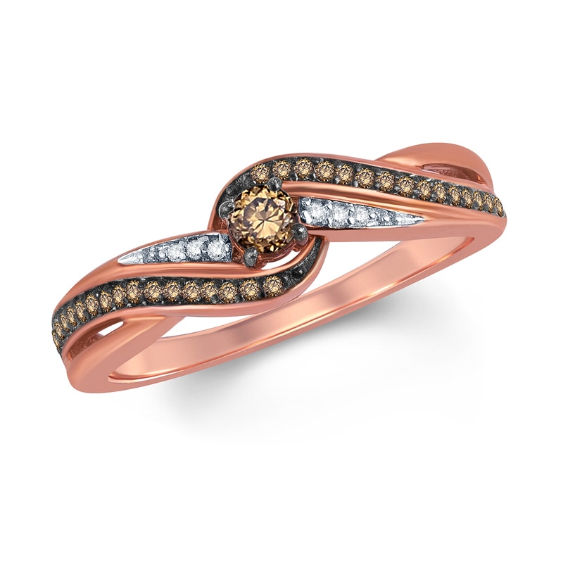 Main Image 1 of 1/4 CT. T.W. Champagne and White Diamond Swirl Promise Ring in 10K Rose Gold