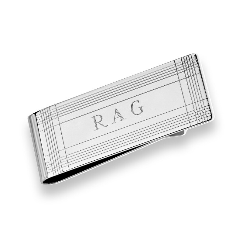 Men's Engravable Plaid Money Clip in Sterling Silver (3 Initials)