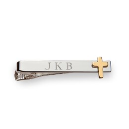 Men's Initial Cross Tie Bar in 23K Gold Electroplated Brass and Sterling Silver (3 Initials)