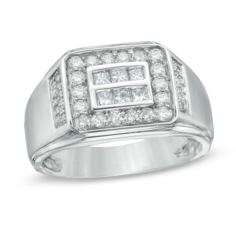 Men's 1 CT. T.W. Square-Cut and Round Diamond Frame Ring in 10K White Gold