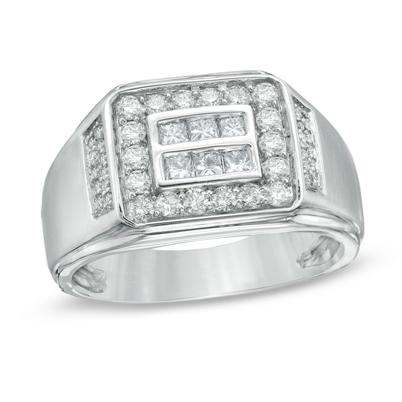Main Image 1 of Men's 1 CT. T.W. Square-Cut and Round Diamond Frame Ring in 10K White Gold