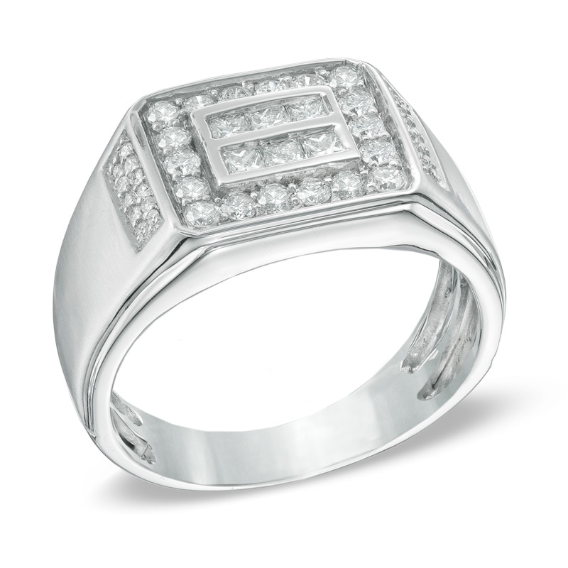 Main Image 2 of Men's 1 CT. T.W. Square-Cut and Round Diamond Frame Ring in 10K White Gold