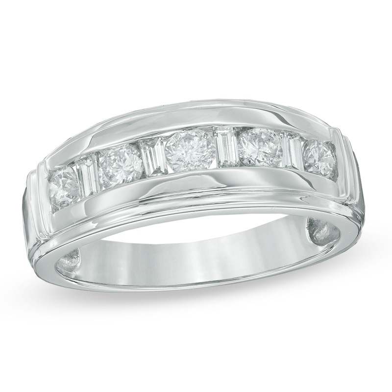 Men's 1 CT. T.W. Baguette and Round Diamond Wedding Band in 14K White Gold