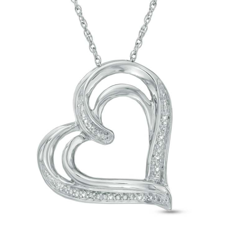 Main Image 1 of Diamond Accent Tilted Double Ribbon Heart Pendant in Sterling Silver