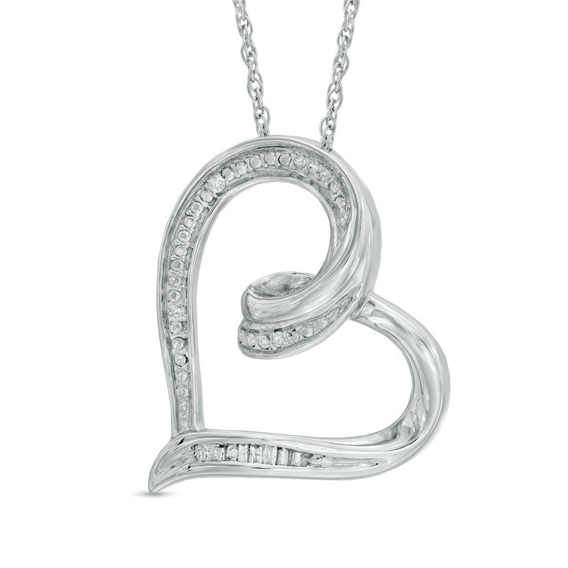 Diamond Accent Tilted Ribbon Heart Pendant in Sterling Silver