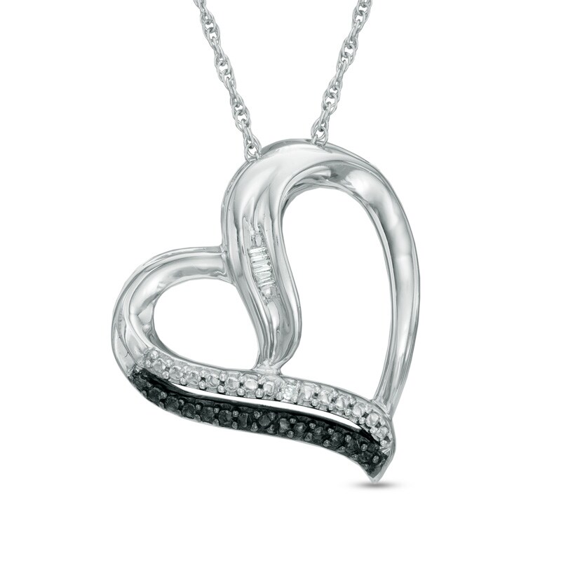 Main Image 1 of Enhanced Black and White Diamond Accent Tilted Heart Pendant in Sterling Silver
