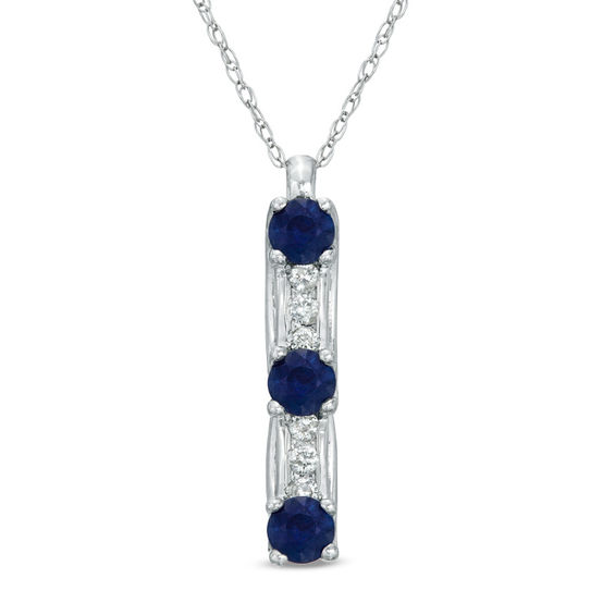Blue Sapphire And 3 8 Ct T W Diamond Journey Pendant In 14k White Blue Sapphire And 1 10 Ct T W Diamond Linear Three Stone Pendant In 14k