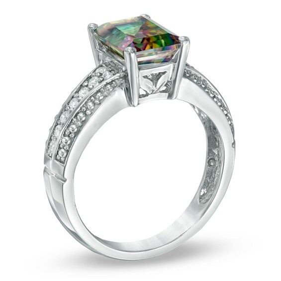 Emerald-Cut Mystic Fire® Topaz and 1/6 CT. T.w. Diamond Ring in 10K White Gold