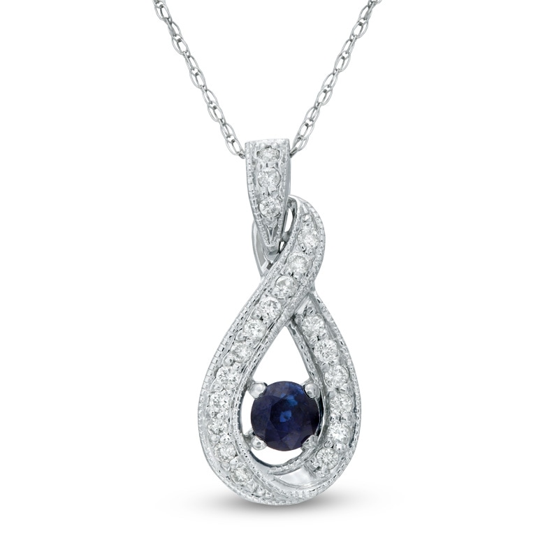 4.0mm Blue Sapphire and 1/5 CT. T.W. Diamond Infinity Pendant in 14K White Gold