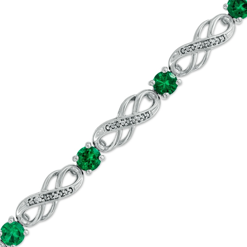 Main Image 1 of Lab-Created Emerald and 1/20 CT. T.W. Diamond Infinity Bracelet in Sterling Silver - 7.5"