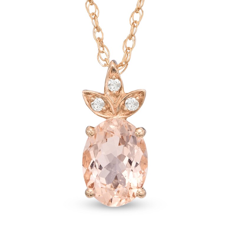 Main Image 1 of Oval Morganite and Diamond Accent Leaf Pendant in 10K Rose Gold - 17&quot;