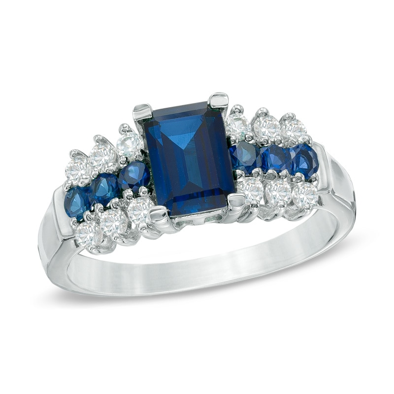 Main Image 1 of Emerald-Cut Lab-Created Ceylon and White Sapphire Ring in 10K White Gold