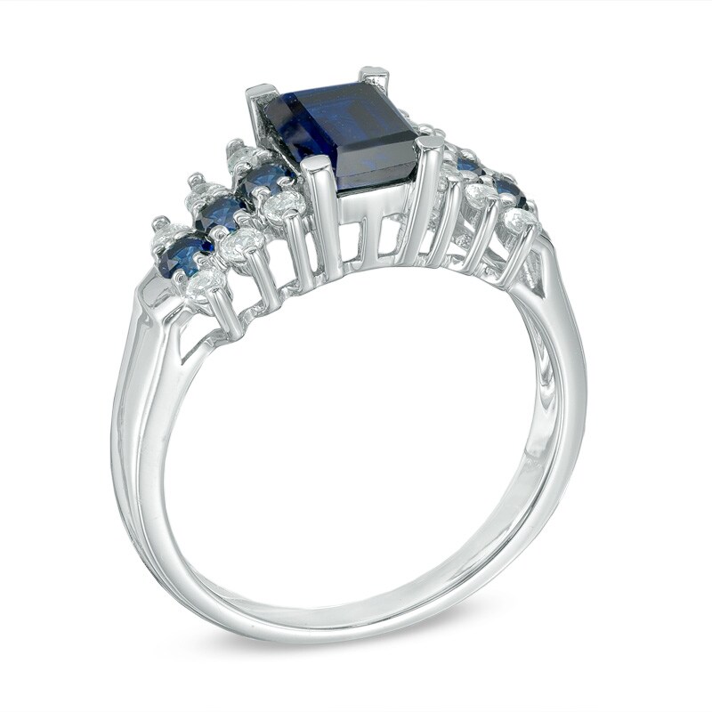 Main Image 2 of Emerald-Cut Lab-Created Ceylon and White Sapphire Ring in 10K White Gold